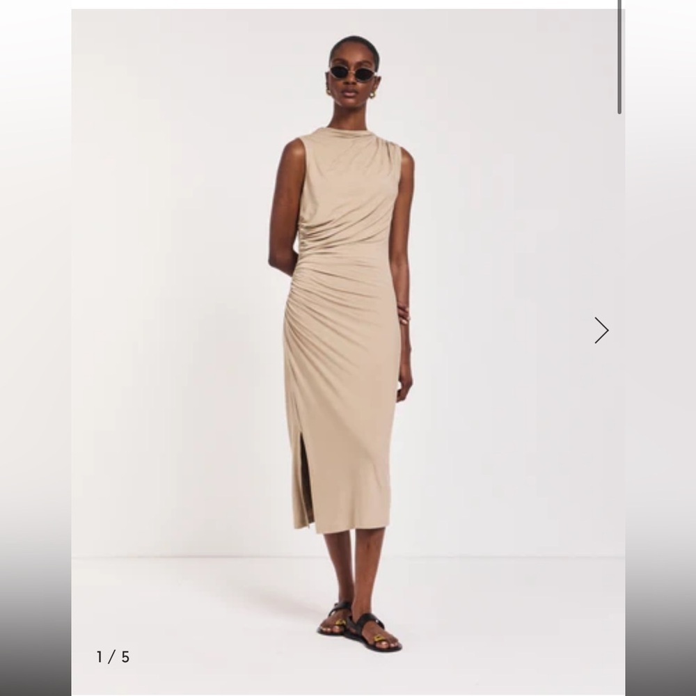 Zara Sleeveless Ruched Midi Dress in Beige